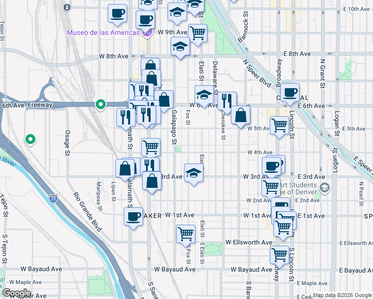 map of restaurants, bars, coffee shops, grocery stores, and more near 607 W 4th Ave in Denver
