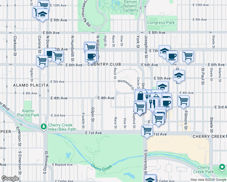 map of restaurants, bars, coffee shops, grocery stores, and more near 419 Race Street in Denver