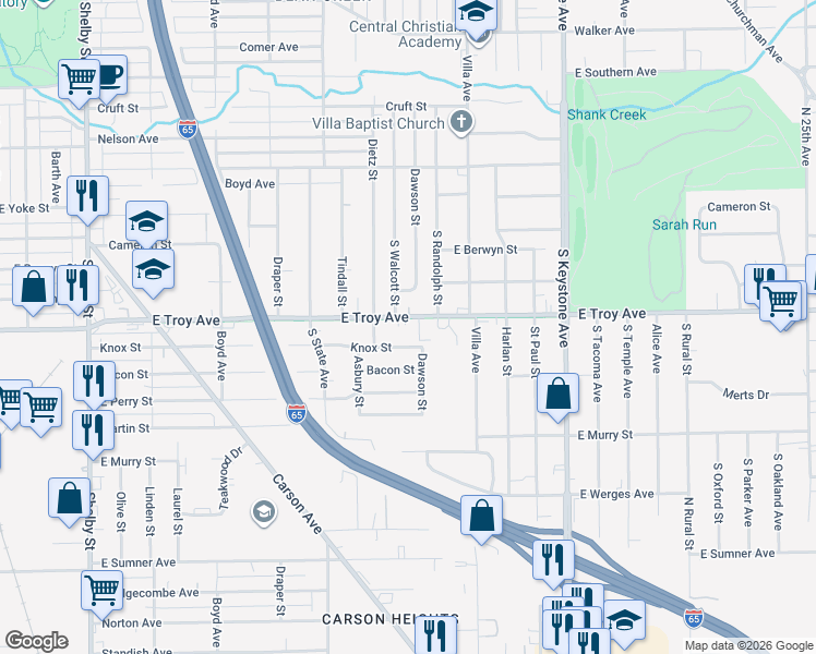 map of restaurants, bars, coffee shops, grocery stores, and more near 1837 East Troy Avenue in Indianapolis