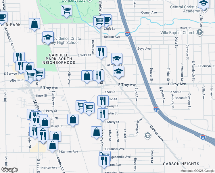 map of restaurants, bars, coffee shops, grocery stores, and more near 1119 East Troy Avenue in Indianapolis