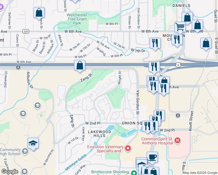 map of restaurants, bars, coffee shops, grocery stores, and more near 455 Wright Street in Denver