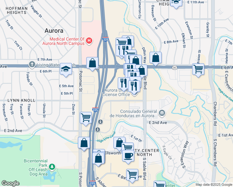 map of restaurants, bars, coffee shops, grocery stores, and more near 14221 East 4th Avenue in Aurora