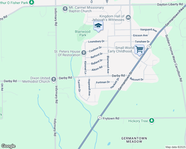 map of restaurants, bars, coffee shops, grocery stores, and more near 5109 Derby Road in Dayton