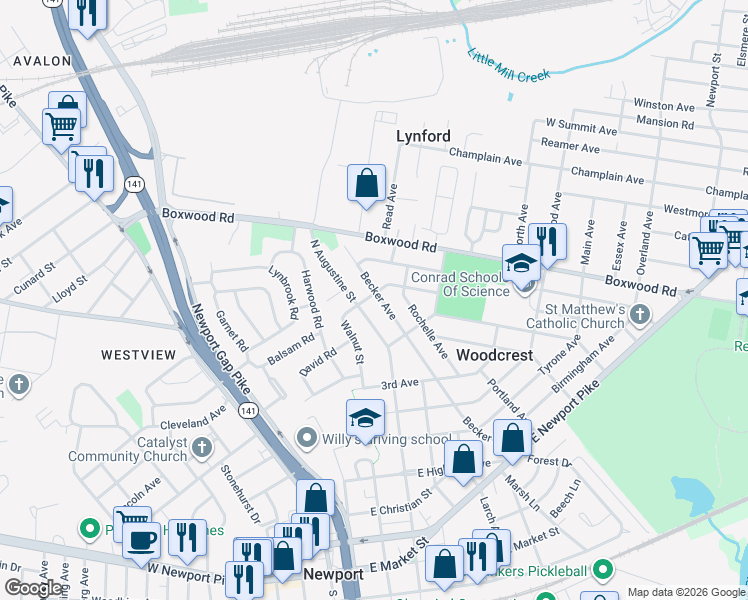 map of restaurants, bars, coffee shops, grocery stores, and more near 520 Becker Avenue in Wilmington