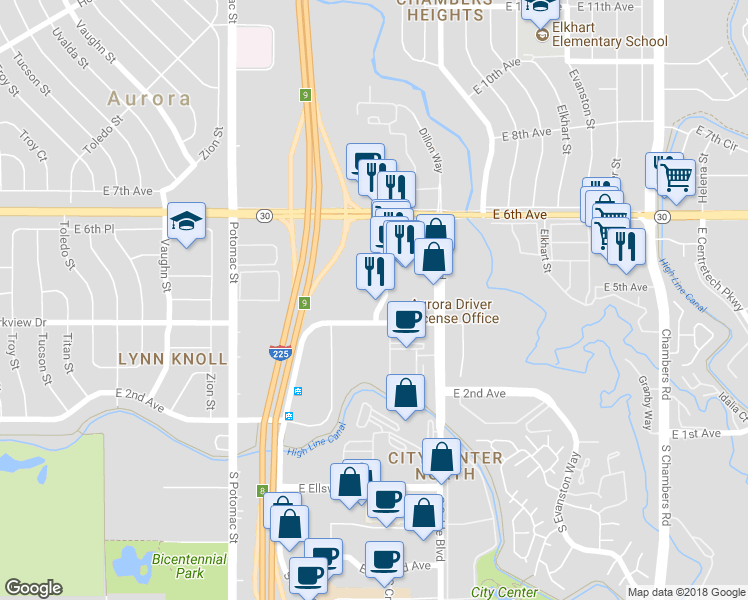 map of restaurants, bars, coffee shops, grocery stores, and more near 14291 East 4th Avenue in Aurora