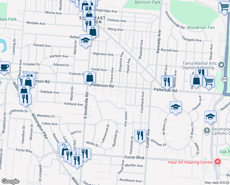 map of restaurants, bars, coffee shops, grocery stores, and more near 1712 Patterson Road in Dayton