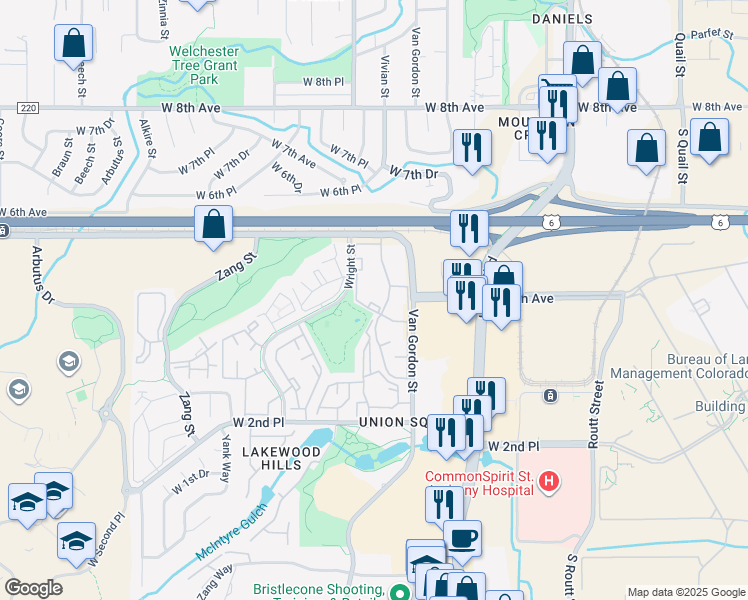 map of restaurants, bars, coffee shops, grocery stores, and more near 383 Van Gordon Street in Lakewood