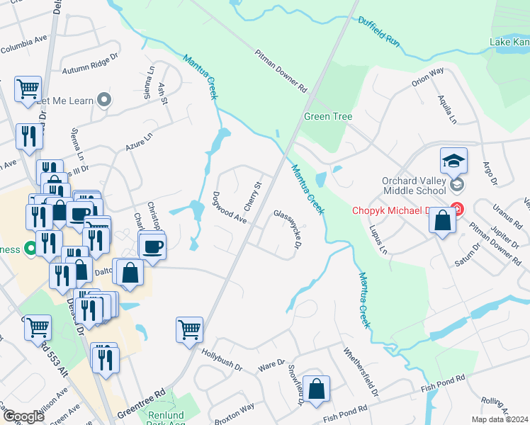 map of restaurants, bars, coffee shops, grocery stores, and more near 144 Glasswycke Drive in Glassboro