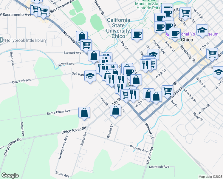 map of restaurants, bars, coffee shops, grocery stores, and more near 324 Walnut Street in Chico