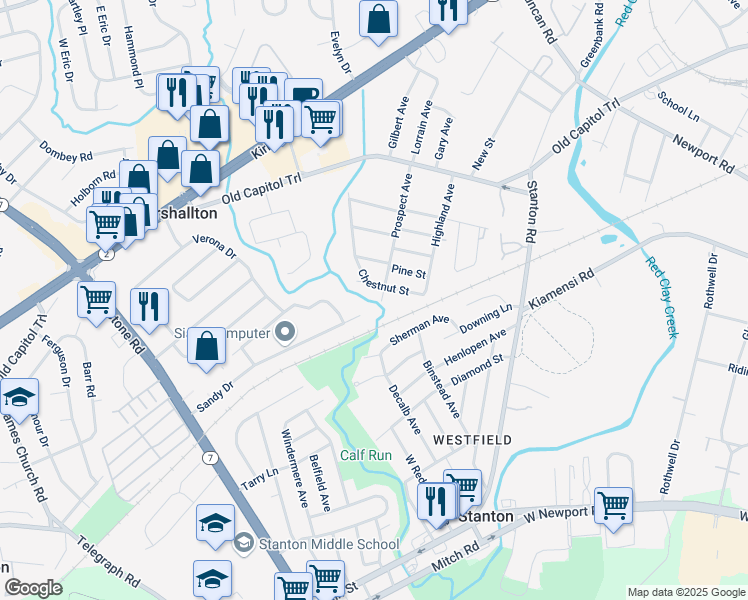 map of restaurants, bars, coffee shops, grocery stores, and more near 3914 Chestnut Street in Wilmington