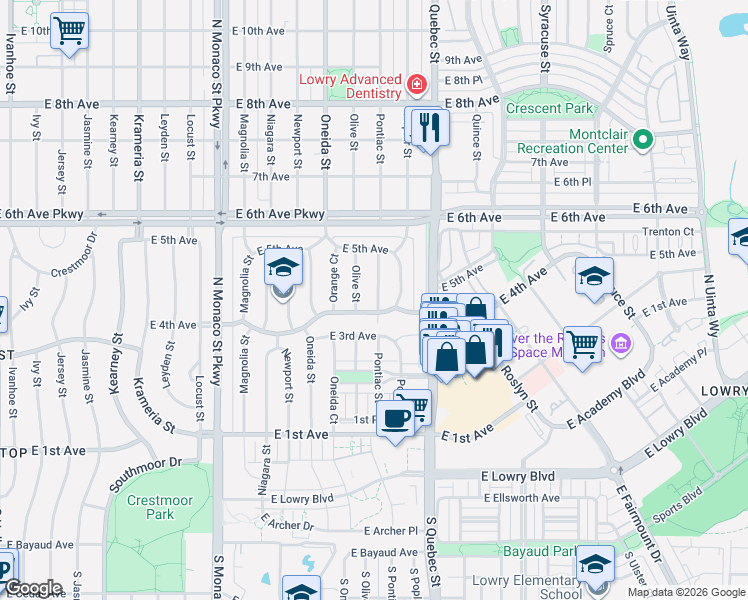 map of restaurants, bars, coffee shops, grocery stores, and more near 428 Pontiac Street in Denver