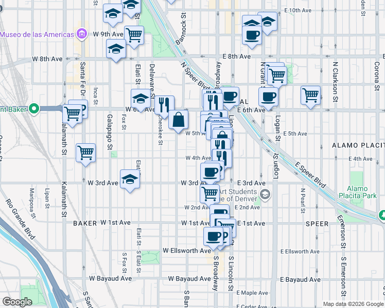 map of restaurants, bars, coffee shops, grocery stores, and more near 425 Acoma Street in Denver