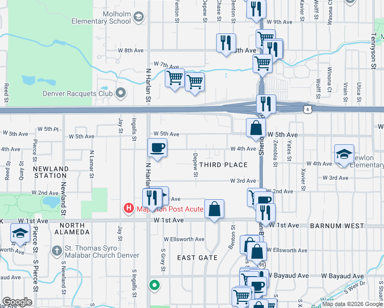 map of restaurants, bars, coffee shops, grocery stores, and more near 396 Depew Street in Denver