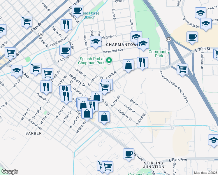 map of restaurants, bars, coffee shops, grocery stores, and more near 2005 Sunrise Court in Chico
