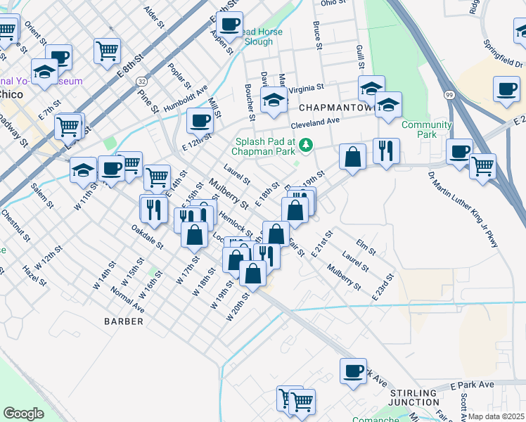 map of restaurants, bars, coffee shops, grocery stores, and more near 1807 Mulberry Street in Chico