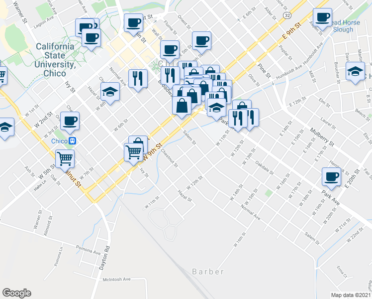 map of restaurants, bars, coffee shops, grocery stores, and more near 986 Salem Street in Chico
