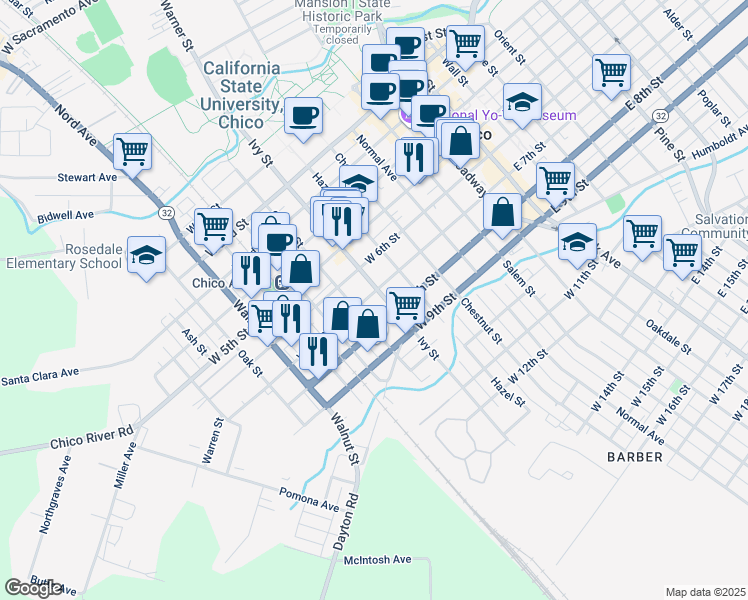 map of restaurants, bars, coffee shops, grocery stores, and more near 718 Ivy Street in Chico
