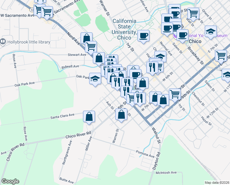map of restaurants, bars, coffee shops, grocery stores, and more near 1128 West 3rd Street in Chico