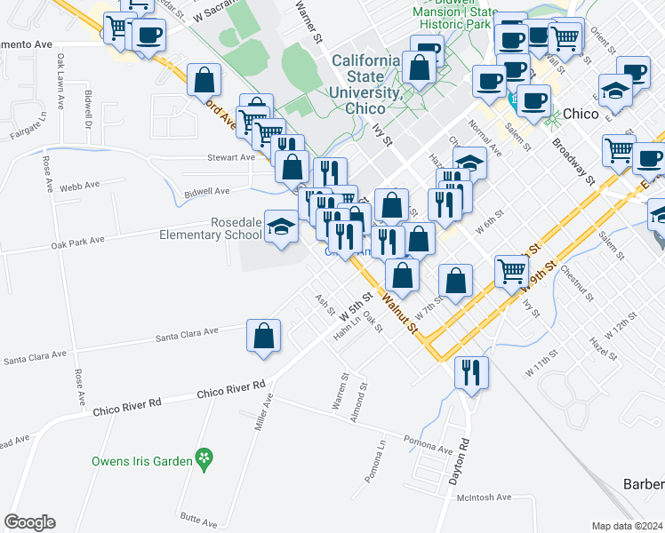map of restaurants, bars, coffee shops, grocery stores, and more near 1128 West 3rd Street in Chico