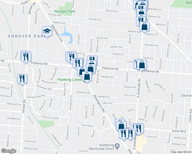 map of restaurants, bars, coffee shops, grocery stores, and more near 1109 Oakdale Avenue in Dayton