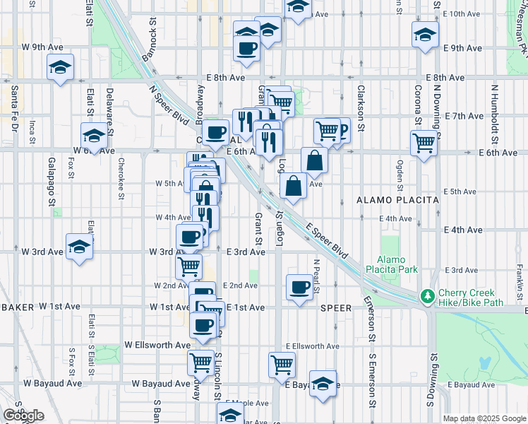 map of restaurants, bars, coffee shops, grocery stores, and more near 400 Grant Street in Denver
