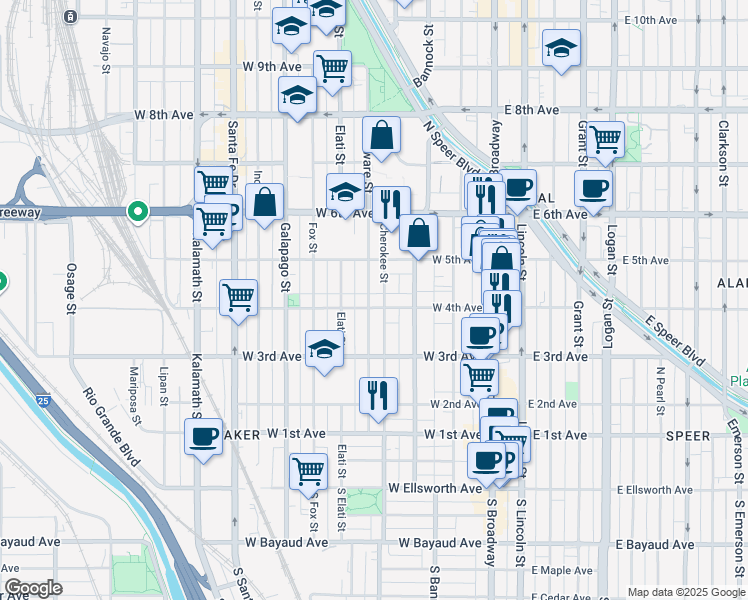 map of restaurants, bars, coffee shops, grocery stores, and more near 410 Delaware Street in Denver