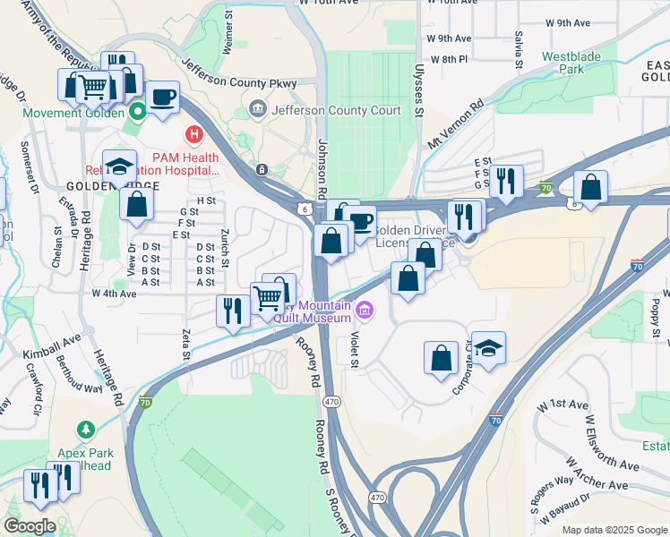 map of restaurants, bars, coffee shops, grocery stores, and more near 425 Violet Street in Golden