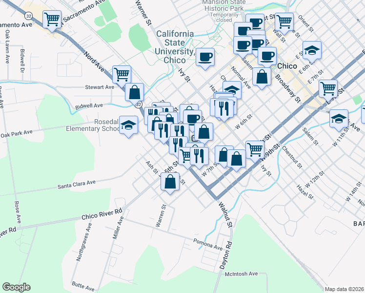 map of restaurants, bars, coffee shops, grocery stores, and more near 1011 West 4th Street in Chico