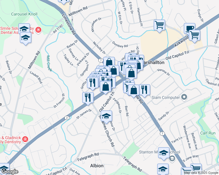 map of restaurants, bars, coffee shops, grocery stores, and more near 4703 Kirkwood Highway in Wilmington