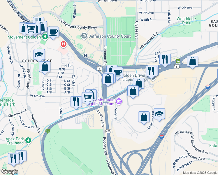 map of restaurants, bars, coffee shops, grocery stores, and more near 425 Violet Street in Golden