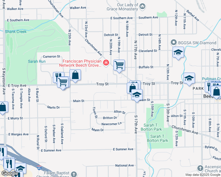 map of restaurants, bars, coffee shops, grocery stores, and more near 2013 Albany Street in Beech Grove