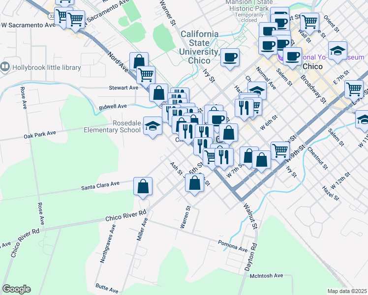 map of restaurants, bars, coffee shops, grocery stores, and more near 1131 West 3rd Street in Chico