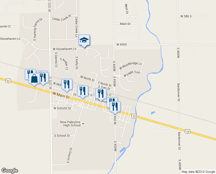 map of restaurants, bars, coffee shops, grocery stores, and more near 27 E North St in New Palestine