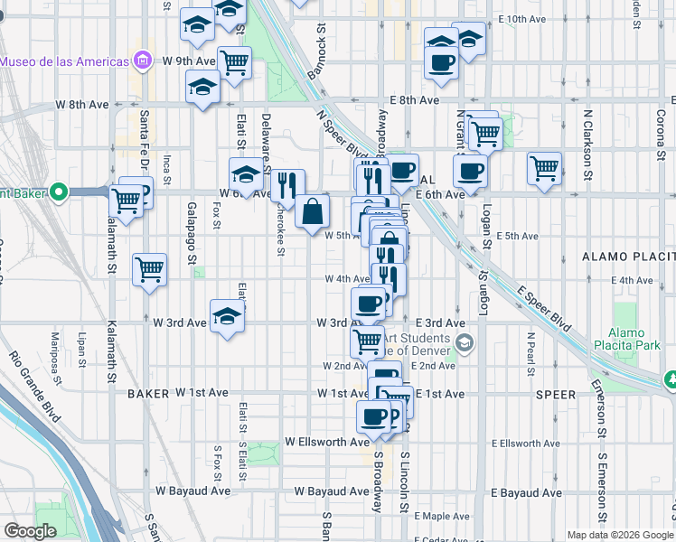 map of restaurants, bars, coffee shops, grocery stores, and more near 425 Acoma Street in Denver