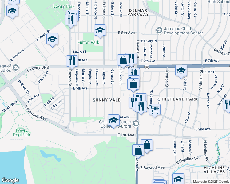 map of restaurants, bars, coffee shops, grocery stores, and more near 485 Galena Street in Aurora