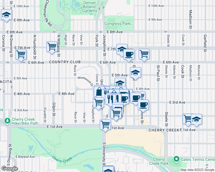 map of restaurants, bars, coffee shops, grocery stores, and more near 401 Columbine Street in Denver