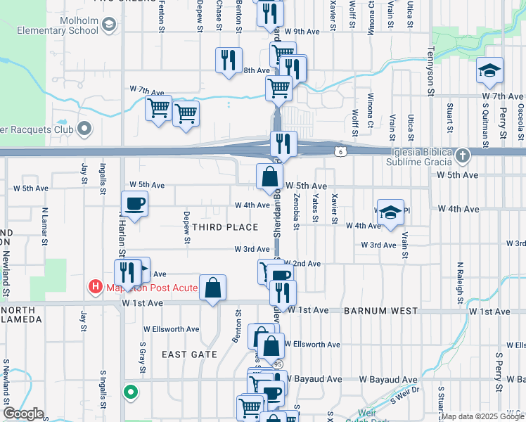 map of restaurants, bars, coffee shops, grocery stores, and more near 5290 West 4th Avenue in Lakewood