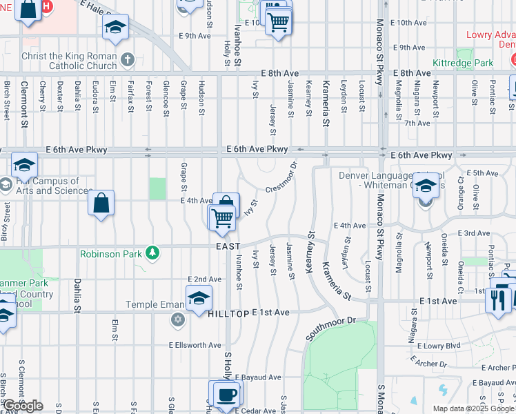 map of restaurants, bars, coffee shops, grocery stores, and more near 350 Ivy Street in Denver