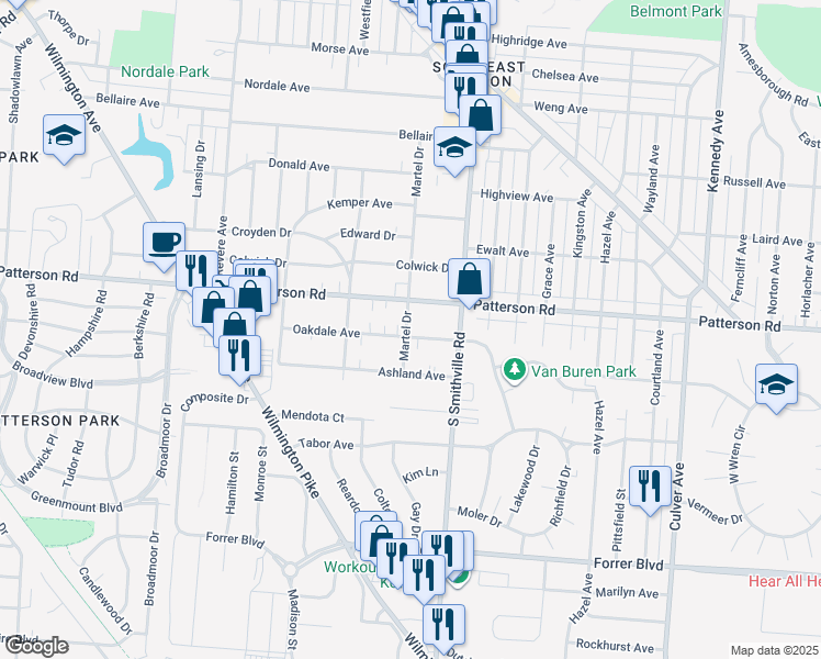 map of restaurants, bars, coffee shops, grocery stores, and more near 3230 Martel Drive in Dayton