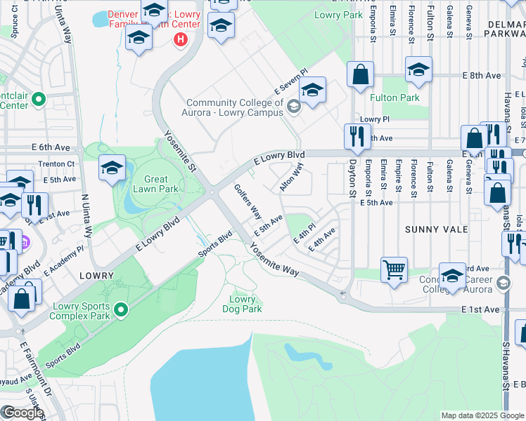 map of restaurants, bars, coffee shops, grocery stores, and more near 400 Golfers Way in Denver