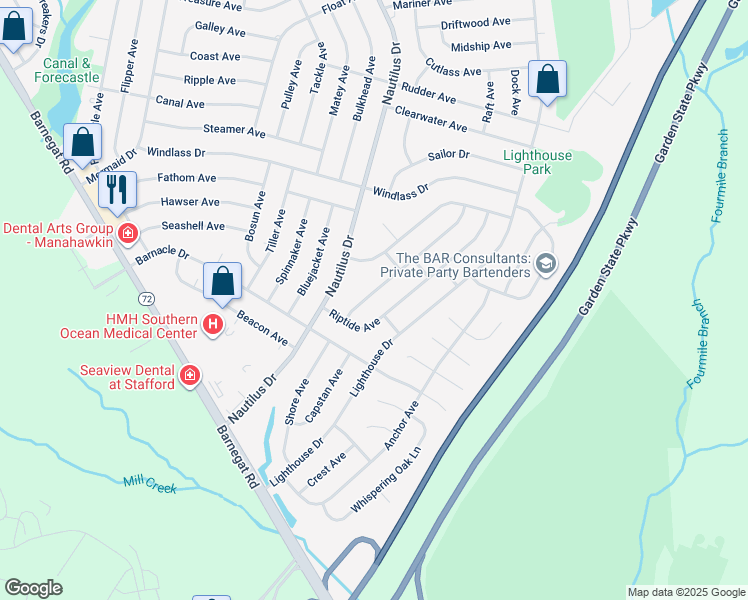 map of restaurants, bars, coffee shops, grocery stores, and more near 129 Inlet Avenue in Stafford Township