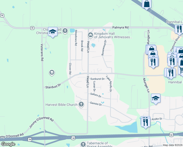 map of restaurants, bars, coffee shops, grocery stores, and more near 4354-4382 Stardust Drive in Hannibal