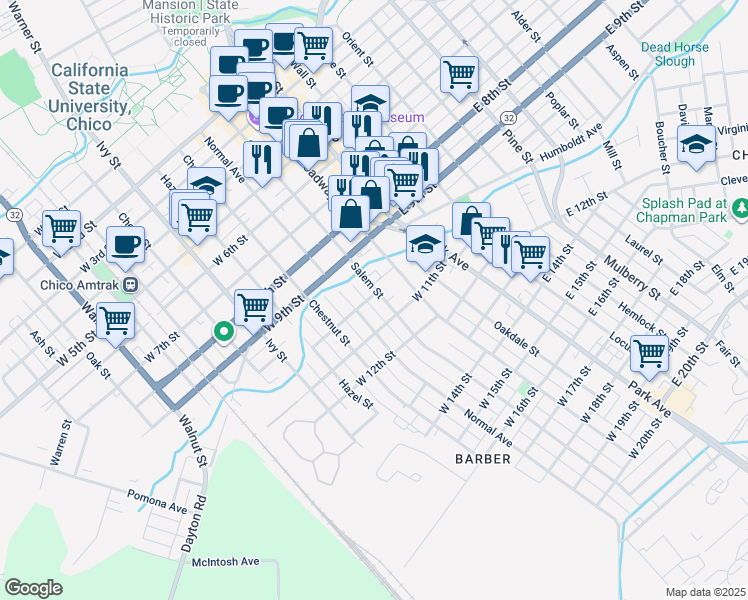 map of restaurants, bars, coffee shops, grocery stores, and more near 986 Salem Street in Chico