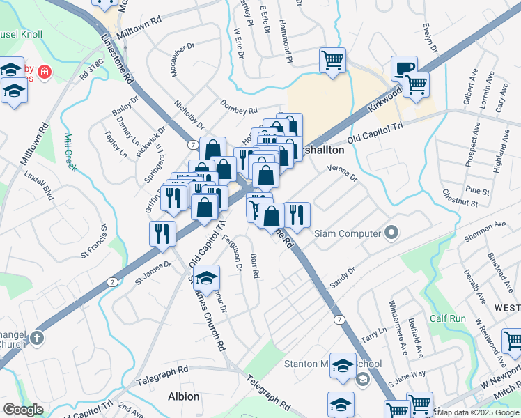 map of restaurants, bars, coffee shops, grocery stores, and more near 2082 Limestone Road in Wilmington