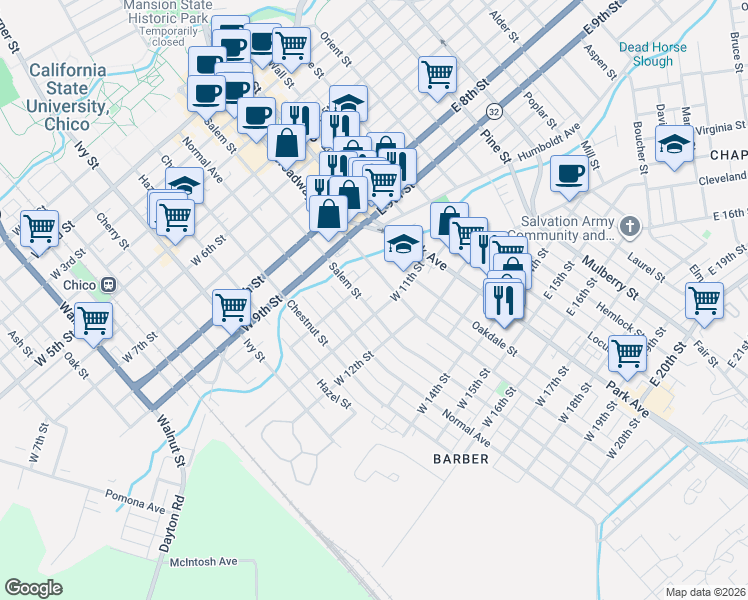 map of restaurants, bars, coffee shops, grocery stores, and more near 1054 Broadway Street in Chico