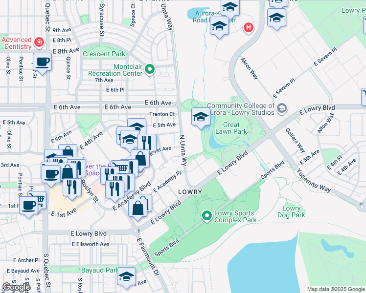map of restaurants, bars, coffee shops, grocery stores, and more near 507 Uinta Way in Denver