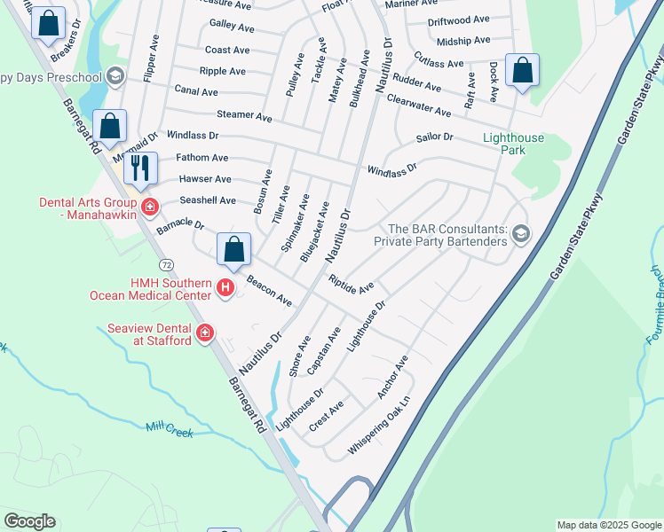 map of restaurants, bars, coffee shops, grocery stores, and more near 127 Nautilus Drive in Stafford Township