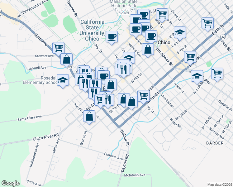 map of restaurants, bars, coffee shops, grocery stores, and more near 840 West 6th Street in Chico