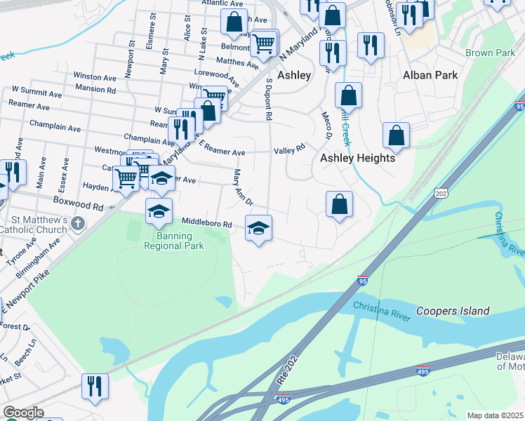 map of restaurants, bars, coffee shops, grocery stores, and more near 413 South Dupont Road in Wilmington