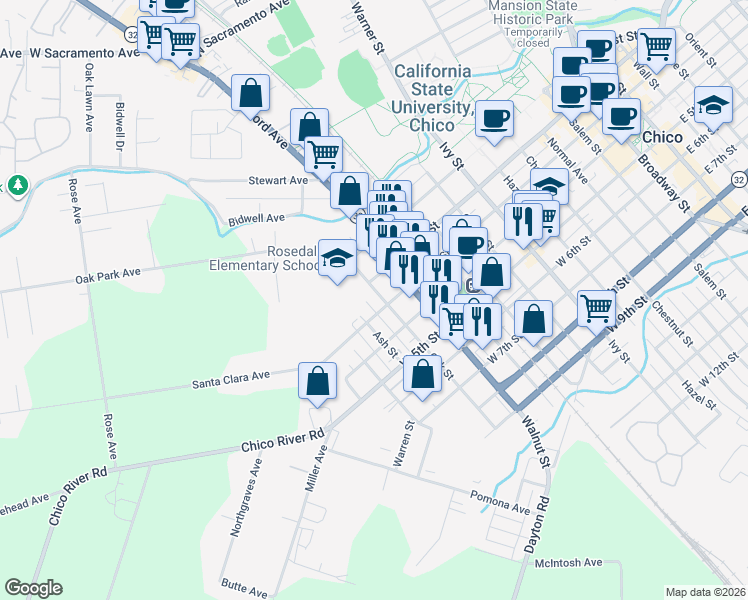 map of restaurants, bars, coffee shops, grocery stores, and more near 220 Oak Street in Chico
